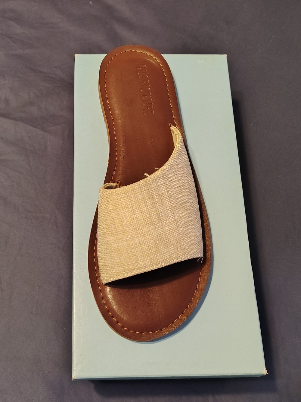 Woven Beige Slide Sandal with Brown Footbed